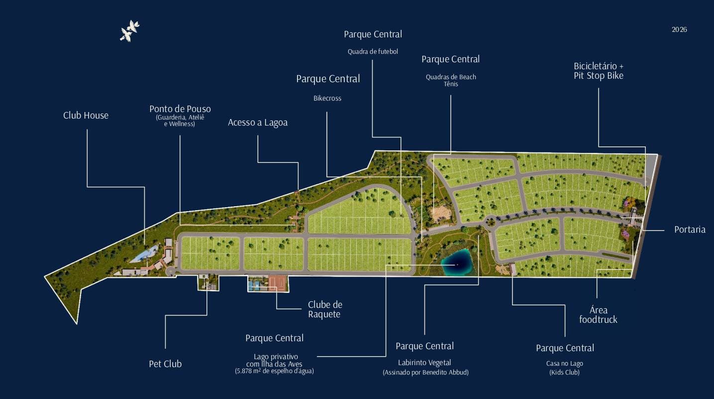 Mapa ilustrativo do Vila dos Pássaros com lotes e áreas de lazer identificadas