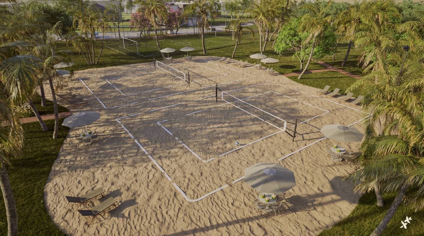 Quadra de beach tennis integrada ao paisagismo